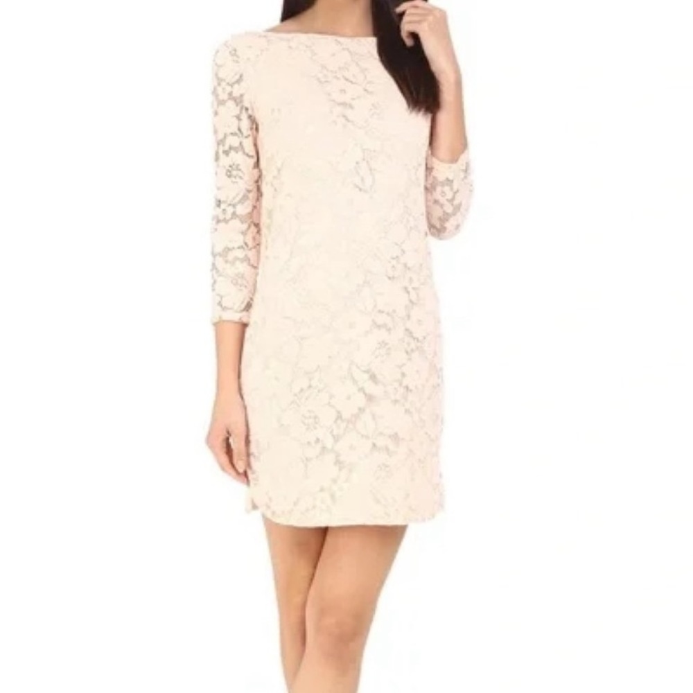 Vince Camuto Womens Size 6 Cream Lace Shift Boat Neck 3/4‎ Sleeve Back Zipper